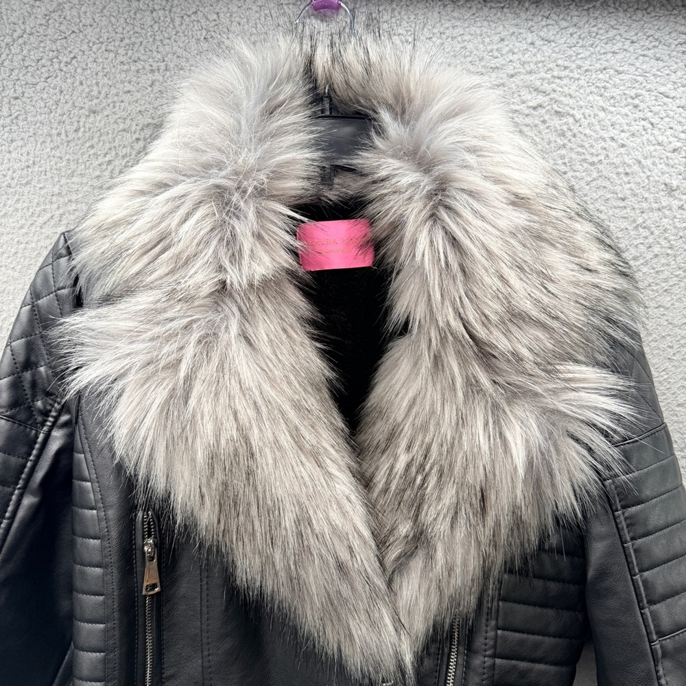 Azalea Wang Empire Bonded Faux Leather Fur Moto Long Sleeve Bomber Jacket Size L - Picture 13 of 13